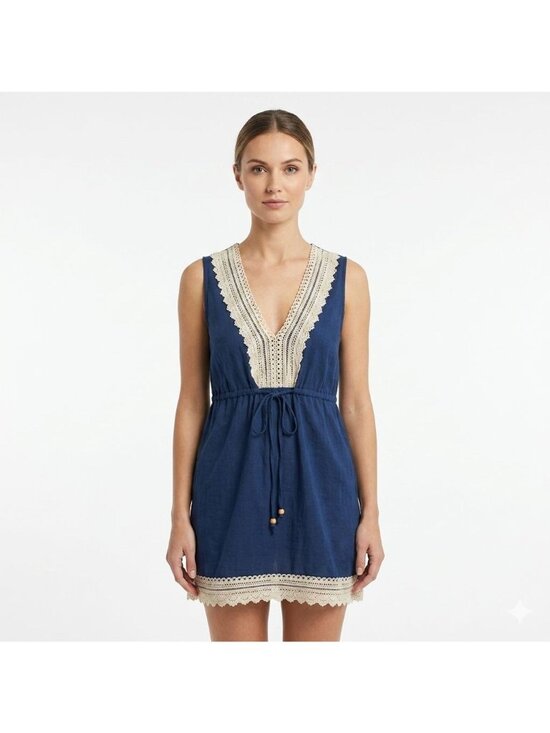 Mud Pie Tops - Mud Pie Blue Babydoll Top Boho Women Size S Plunge V-neck Sleeveless Tie Waist